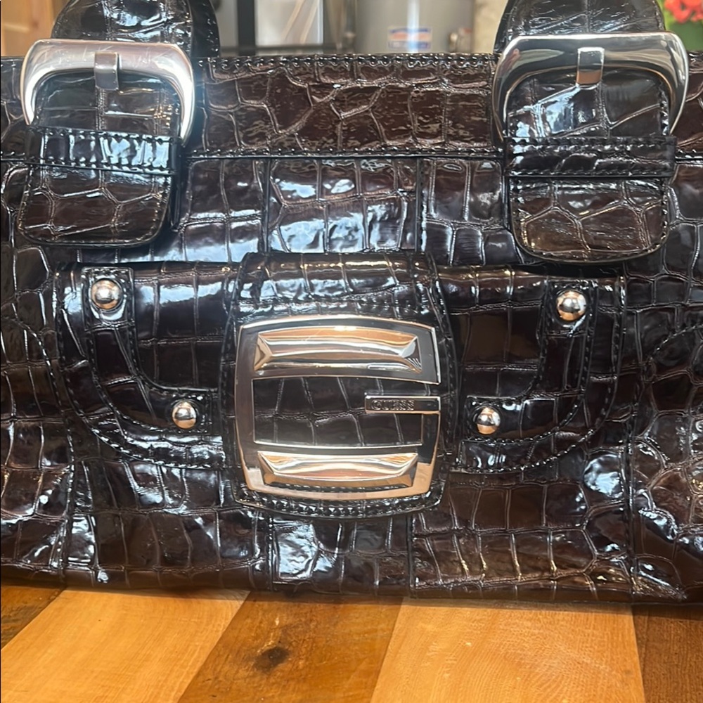 Guess Black Croc-Embossed Handbag with Silver Accents